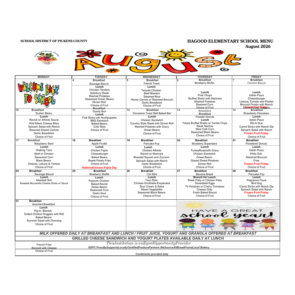 2026 August Menu 