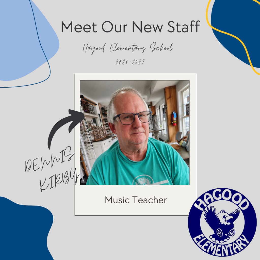 A staff photo of Mr. Kirby, Hagood Elementary's new music teacher. The graphic welcomes him to the Hagood family and highlights his 25 years of teaching experience, his Florida roots, his passion for music, and his interests in golf and Frisbee.