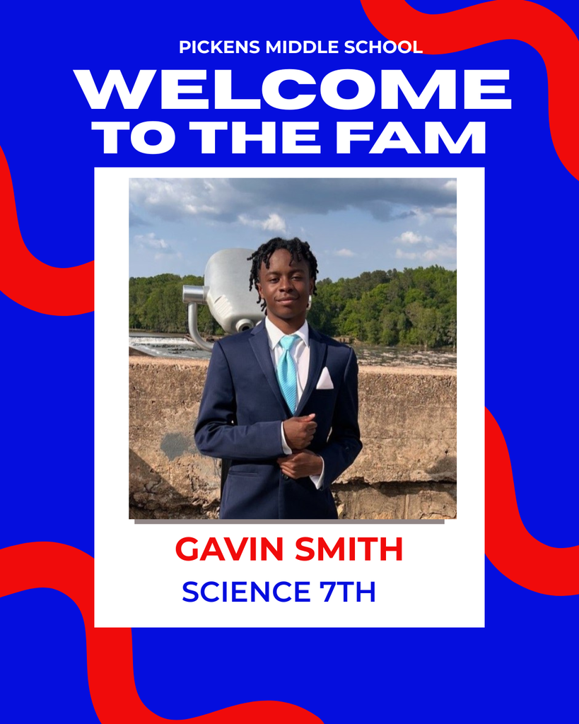 Picture of Mr. Gavin Smith, our new 7th Grade Science Teacher, saying welcome to the Pickens Middle School Fam.