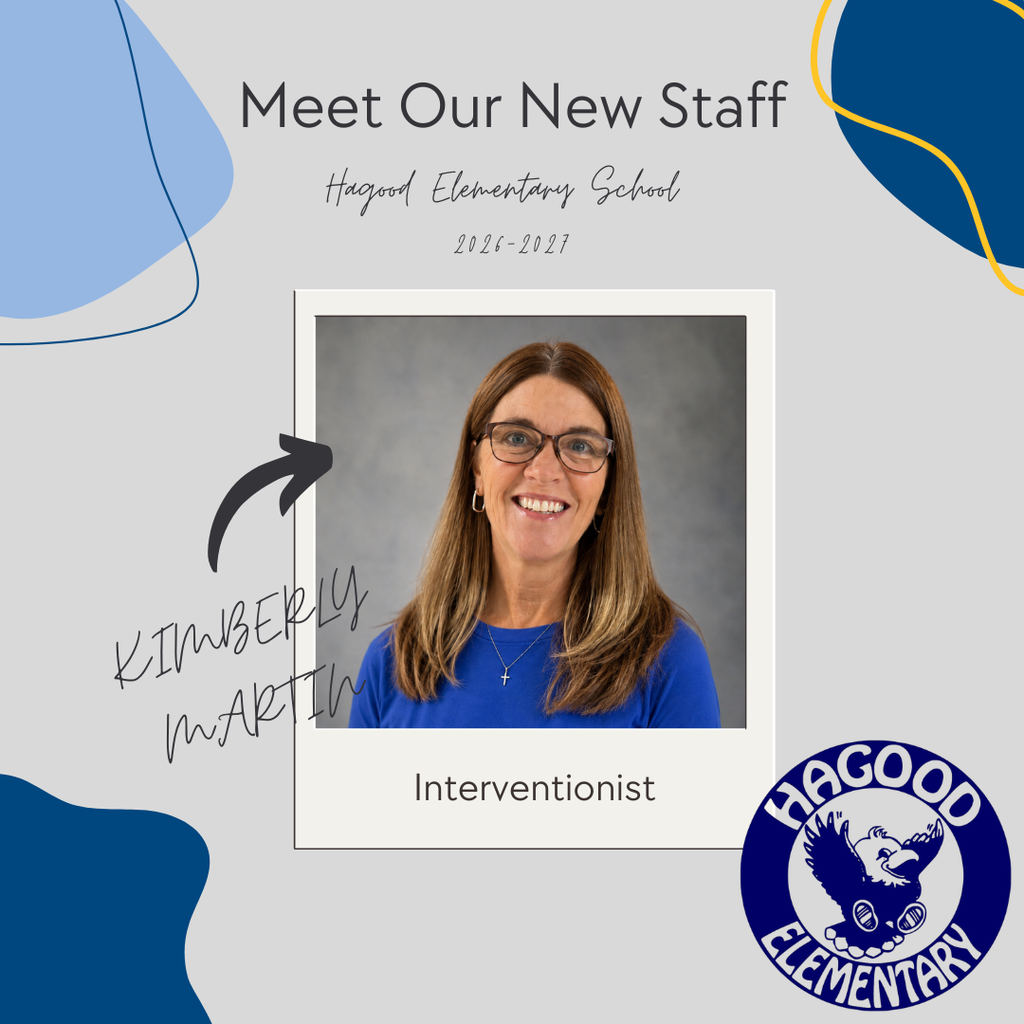A welcome graphic featuring Kimberly Martin, Hagood Elementary's new Interventionist. Mrs. Martin is smiling in a professional portrait with a blue studio background. The graphic welcomes her to the Hagood family and highlights her more than 30 years of teaching experience, Clemson University education, and excitement for helping students learn and grow.
