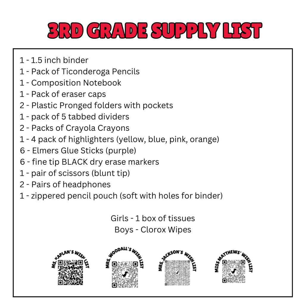 3rd Grade Supply List