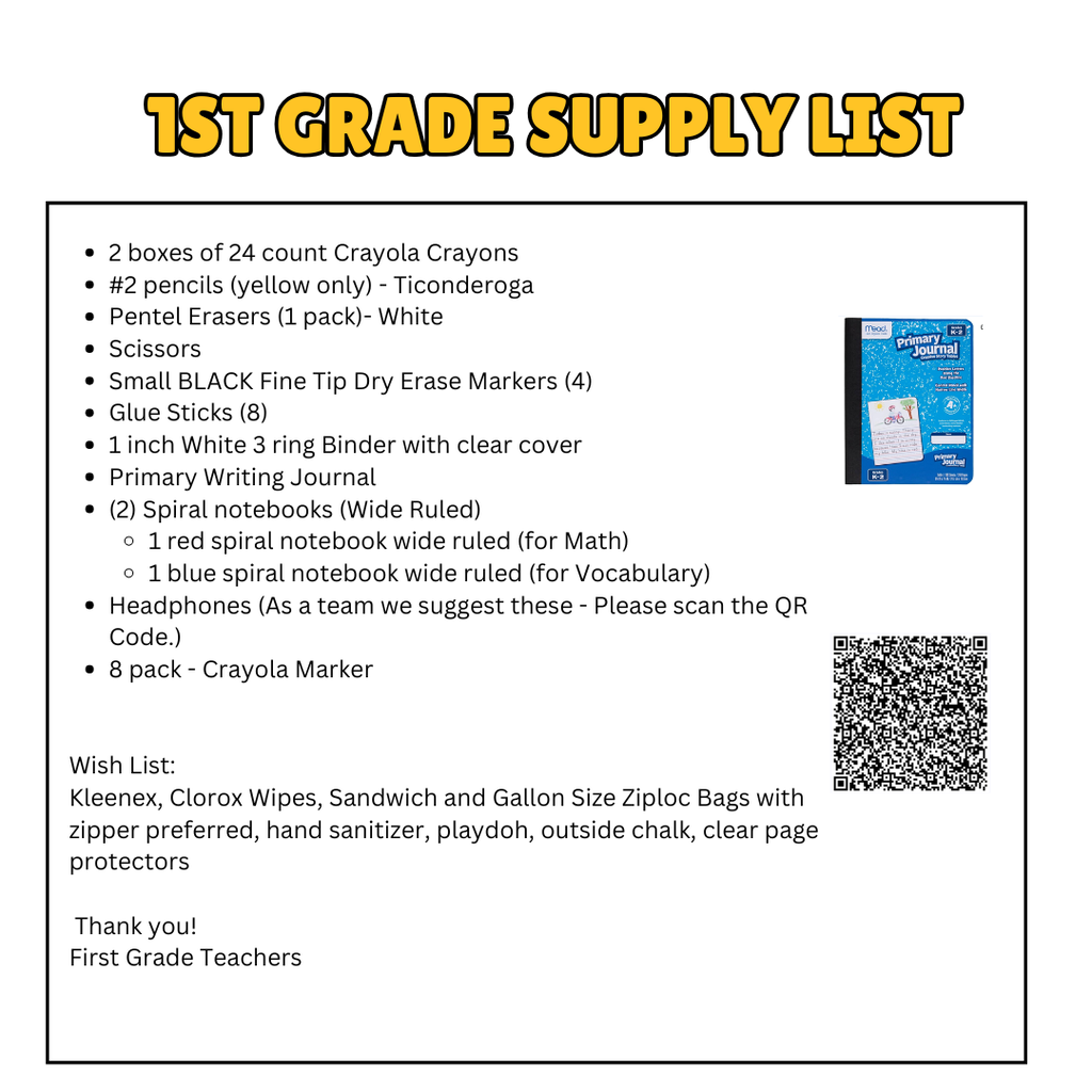 1st Grade Supply List 