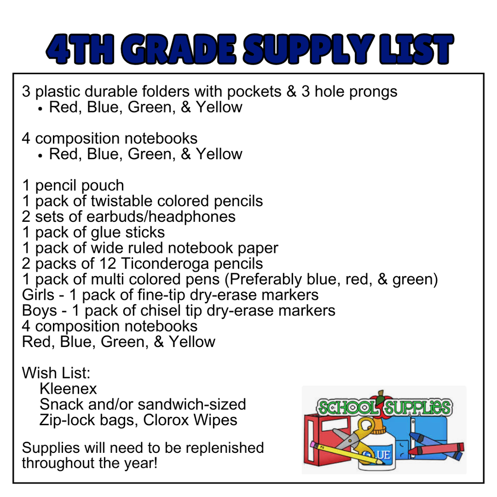 4th grade supply list