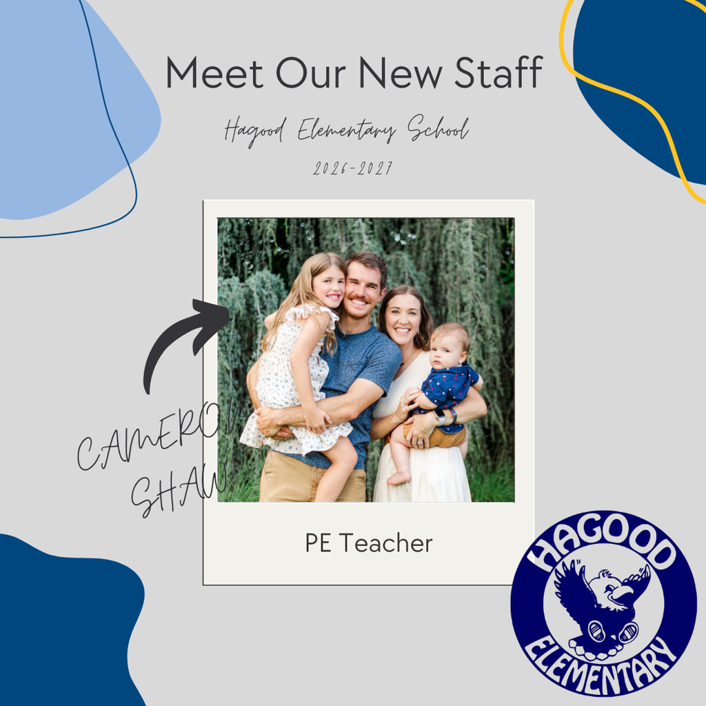 Staff introduction featuring a new Physical Education teacher with a family photo and information about his teaching role at Hagood Elementary and Clemson Elementary.