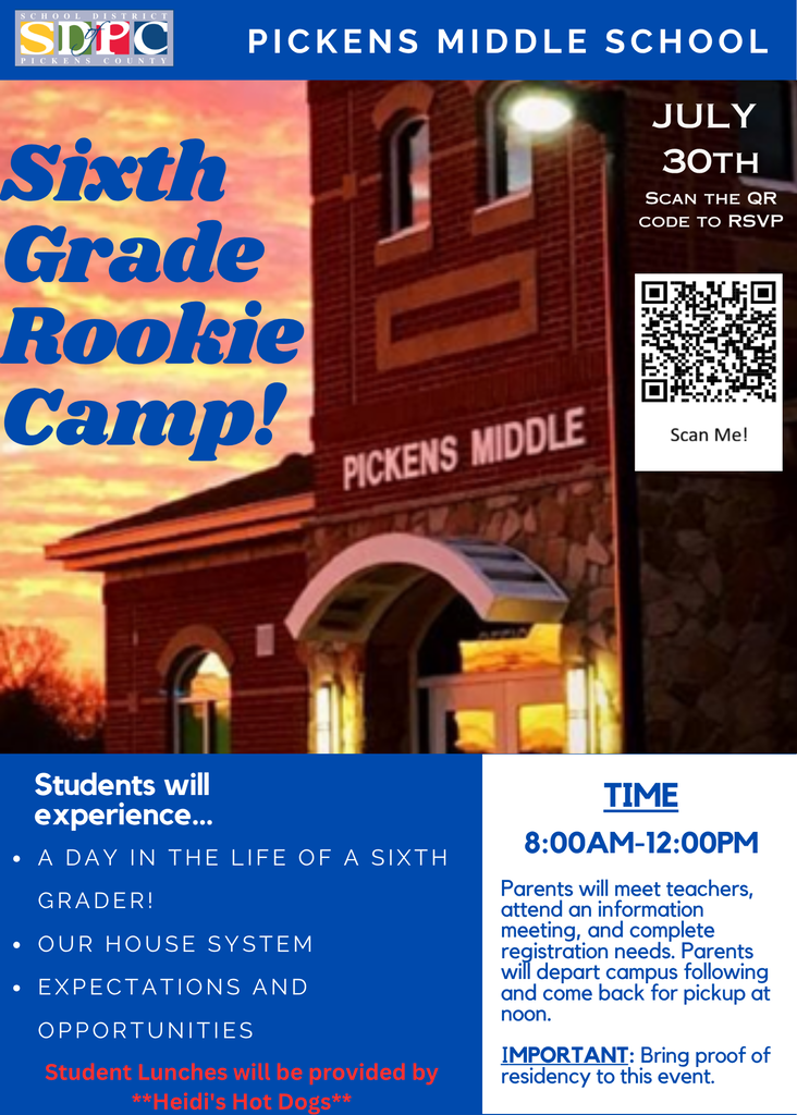 Rookie Camp will be held on July 30th from 8am to 12pm. To express your schedule, students must have: Completed Final Forms, Paid All Fees/Fines. Students will experience a mini-day in the life of a sixth grader. Parents will attend an informational meeting, complete registration, and then come back for pick-up at noon. Students will have a lunch courtesy of Heidi's Hot Dogs.