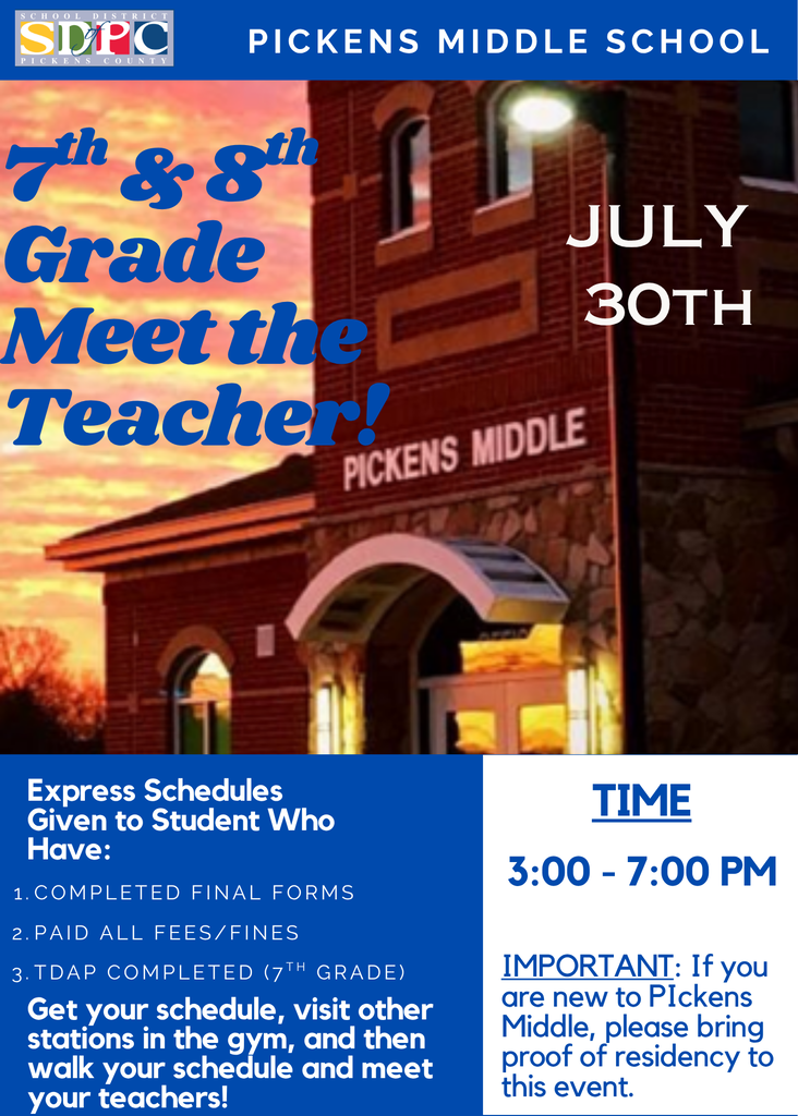 Meet the teacher will be held on July 30th from 3-7pm. To express your schedule, students must have: Completed Final Forms, Paid All Fees/Fines, and have TDAP Completed (7th Grade). Get your schedule, visit other stations and then meet your teachers. New students should bring proof of residency.