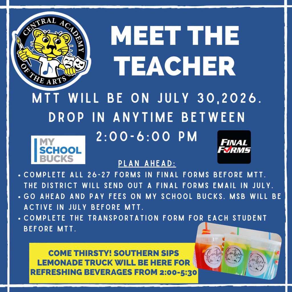 Graphic with information that is described in the post. Photo of school logo and images of Southern Sips lemonade. 