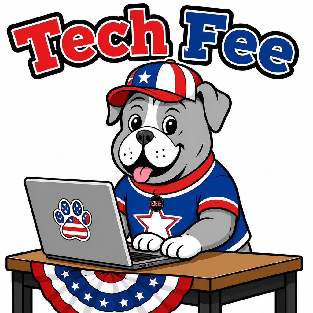 Buster with his chromebook at a desk that is draped with the America Banner
