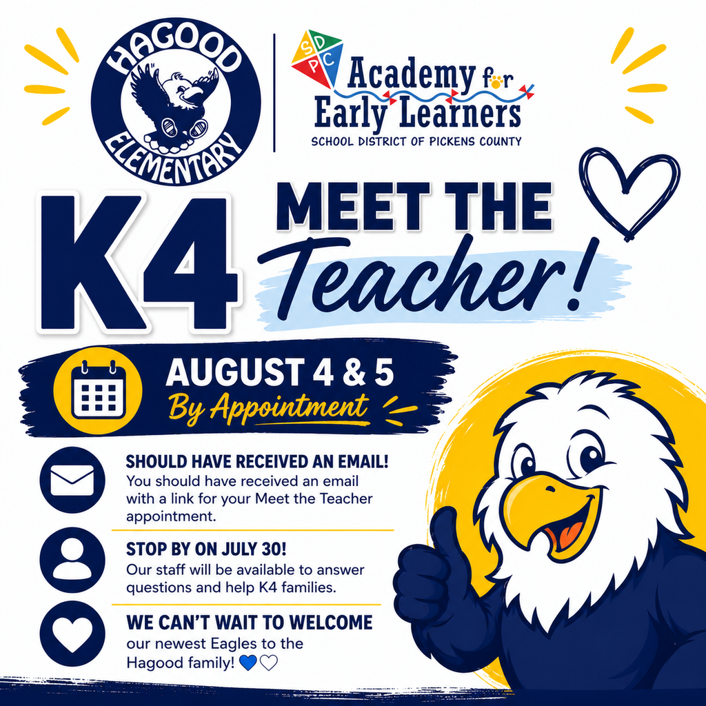Graphic announcing Hagood Elementary K4 Meet the Teacher appointments August 4–5 with email reminder, front office contact, and school logos.