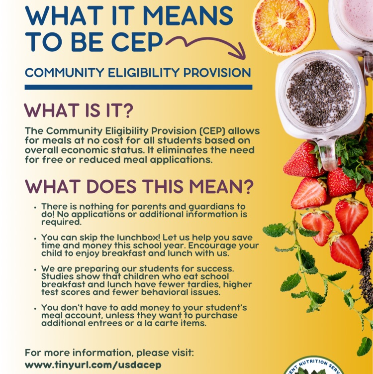 CEP flyer explaining free school meals for all students without applications.