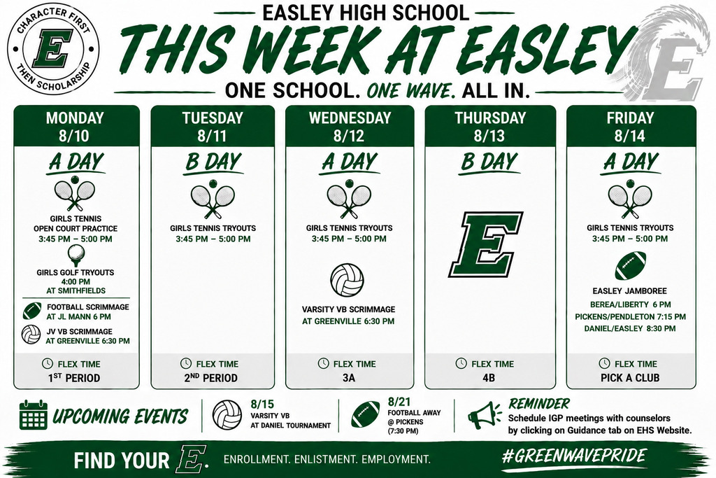 This week at Easley - 8/10 - 8/14 events
