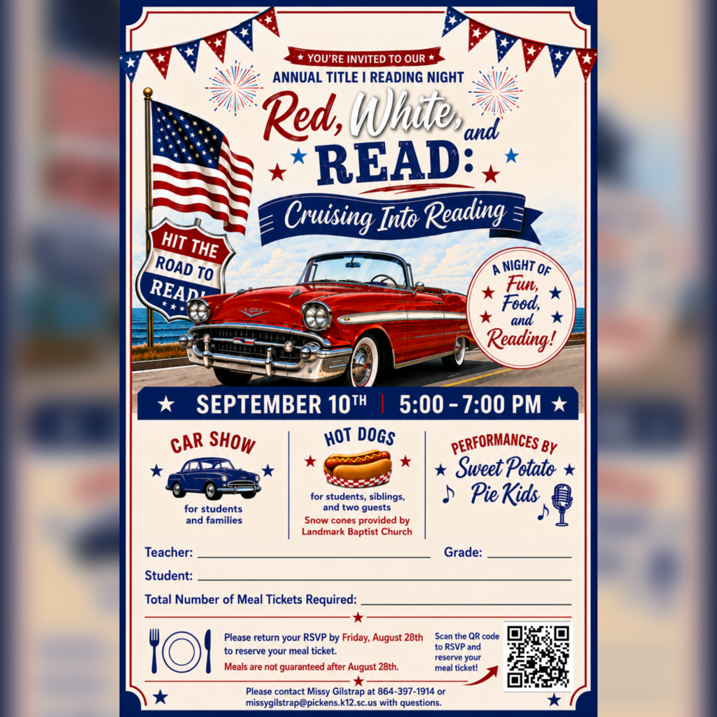 Flyer for Hagood’s Red, White, and READ family night on September 10 from 5–7 PM.