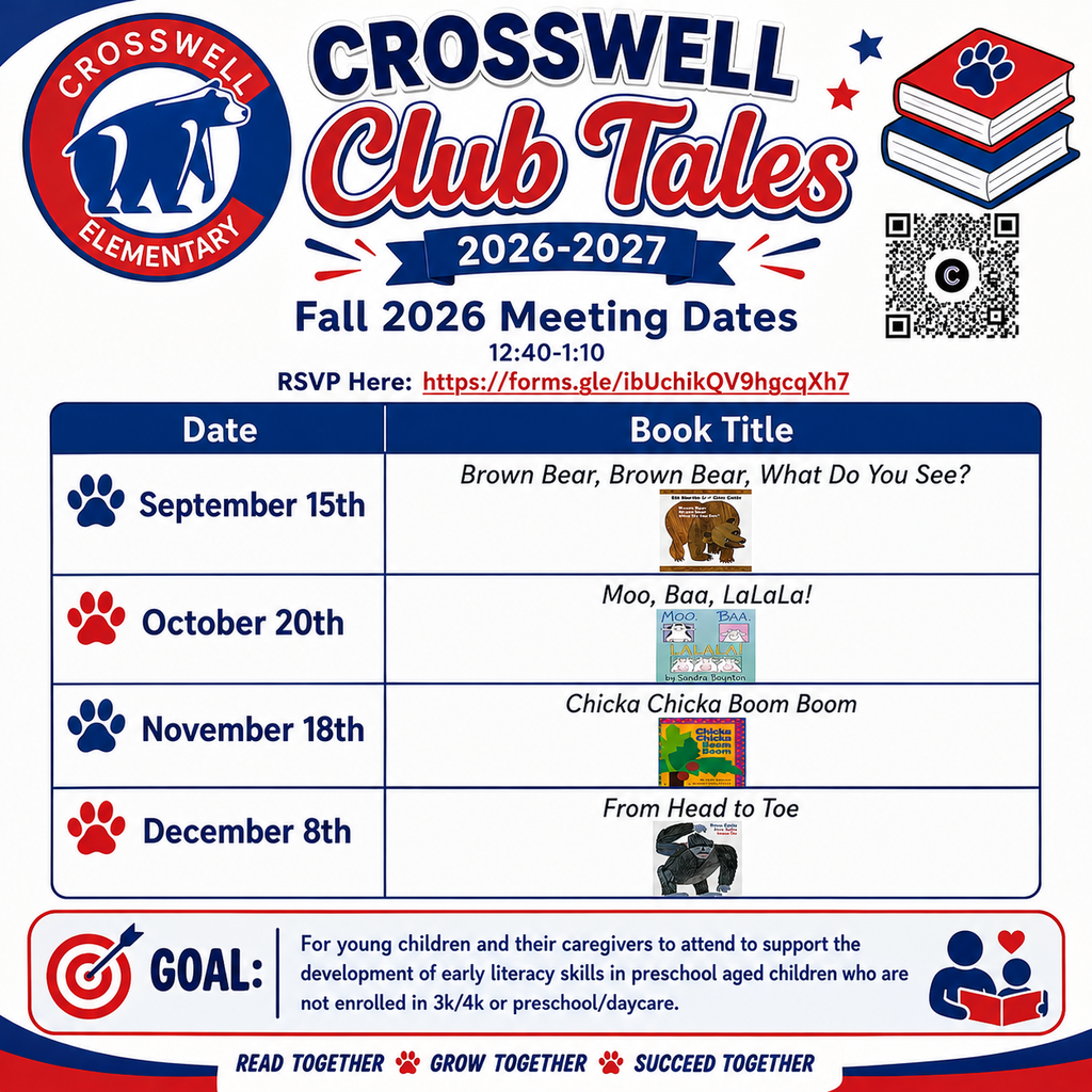 🐻📚 Calling all little readers!  Crosswell Elementary is excited to invite preschool-aged children and their caregivers to Club Tales! ❤️💙  If your child is not enrolled in 3K, 4K, preschool, or daycare, this is a wonderful opportunity to enjoy books together while building important early literacy skills and kindergarten readiness through fun, interactive activities.  📖 Stories • 🎶 Songs • 🎨 Activities • ❤️ Family Time  Check out our fall dates below and RSVP to join us! We can't wait to read, learn, and grow together! 🐻📚  You can RSVP by scanning the QR code or by clicking on this link:  https://forms.gle/ibUchikQV9hgcqXh7