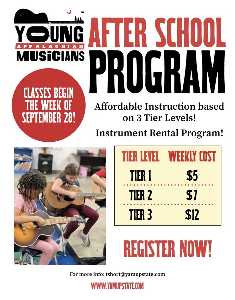 this is a flyer that shows the information about Young Appalachian Musicians. it starts on Sept. 28. The parent meeting is on September 14.