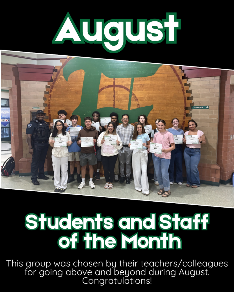 Group of teachers and students who were selected to be the students and staff of the month for August.