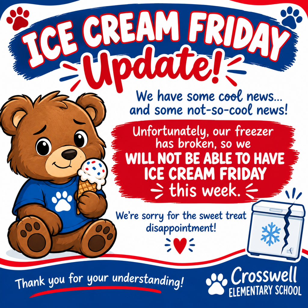 We will have not ice cream sales this Friday due to our freezer breaking. We're sorry for the disappointment, but appreciate your understanding. 
