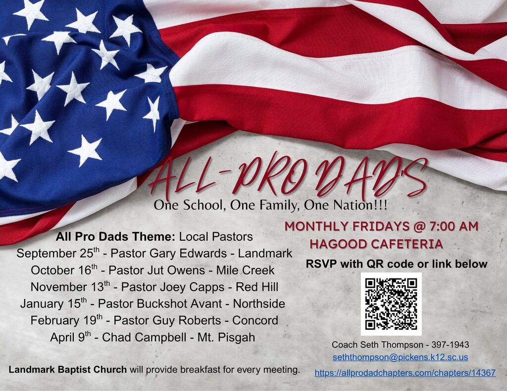 All Pro Dad at Hagood Elementary. Monthly Friday meetings at 7:00 AM featuring local pastors. Schedule runs September through April.