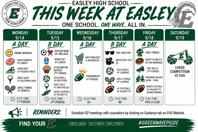 🗓️ This Week at Easley | 9/14- 9/18🗓️