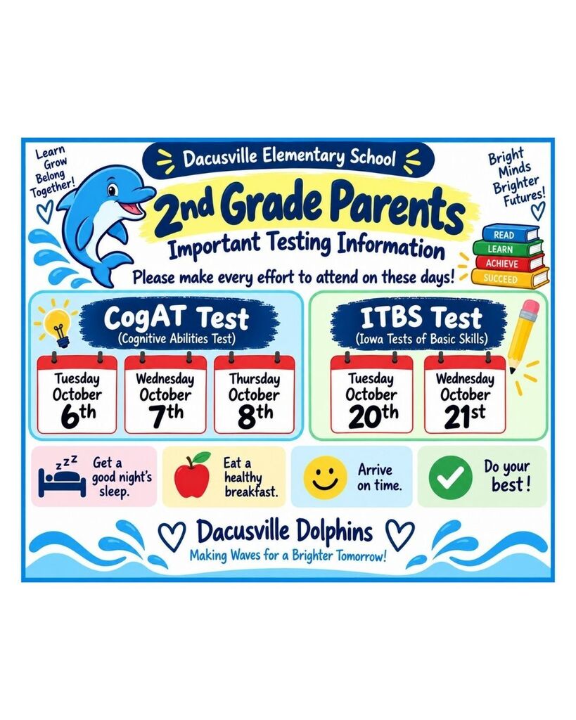 Second grade students will be testing for CogAt and ITBS on October 6, 7, 8, 20, and 21