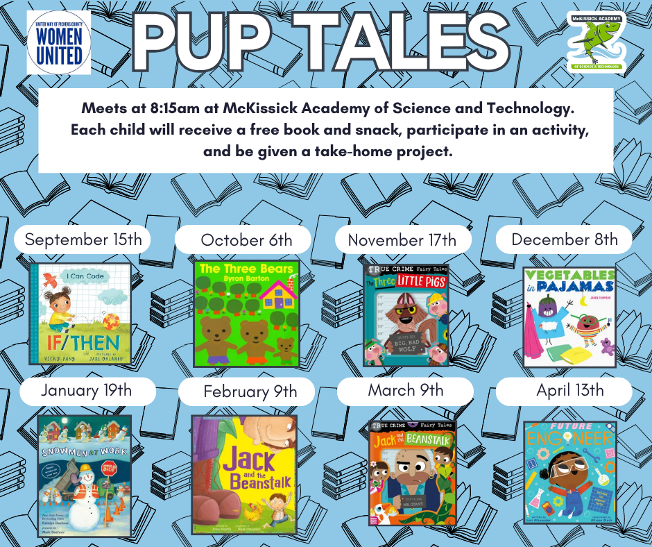 This graphic shows that Pup Tales sessions will be held at McKissick at 8:15 on September 15, October 6, November 17, December 8, January 19, February 9th, March 9th, and April 13th. Each sessions is tied to a different book to promote family literacy.