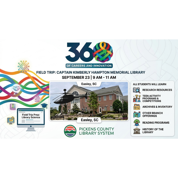 360 Academy Field Trip Announcement. Captain Kimberly Hampton Memorial Library. September 23, 9 AM - 11 AM, Parents provide transportation