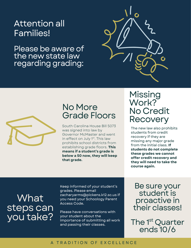 D.W. Daniel Families: We want to make sure that you are aware of the new grading policies as a result of State Law.   South Carolina House Bill 5073 was signed into law by Governor McMaster and went in effect on July 1st. This law prohibits school districts from establishing grade floors. This means if a student’s grade is below a 50 now, they will keep that grade.  The new law also prohibits students from credit recovery if they are missing any major grade from the initial class. If students do not complete these grades we cannot offer credit recovery and they will need to take the course again.  Keep informed of your student’s grades. Please email zacharyarms@pickens.k12.sc.us if you need your Schoology Parent Access Code. Please have conversations with your student about the importance of submitting all work and passing their classes.  Please let us know if you have any questions or concerns Be sure your student is proactive in their classes!