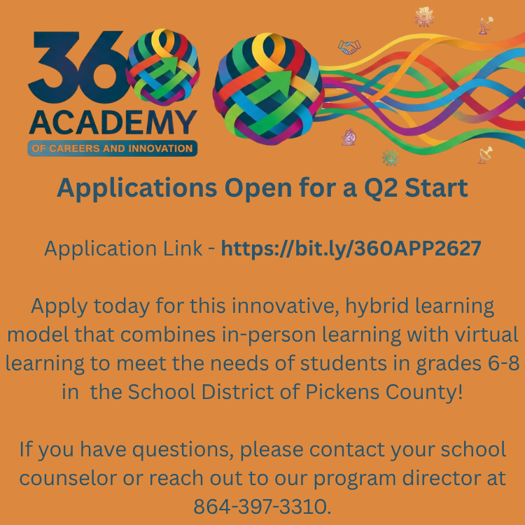 Orange background with 360 Academy logo at top. Includes that applications are open for a Q2 start for grades 6-8 and directs parents to reach out to their middle school counselor for more information. The application link is included as bit.ly/360APP2627.