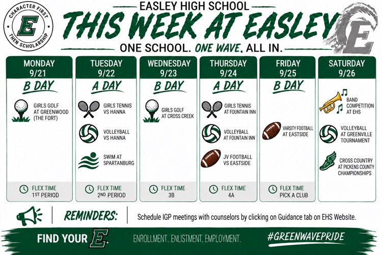 🗓️ This Week at Easley | 9/21- 9/25🗓️