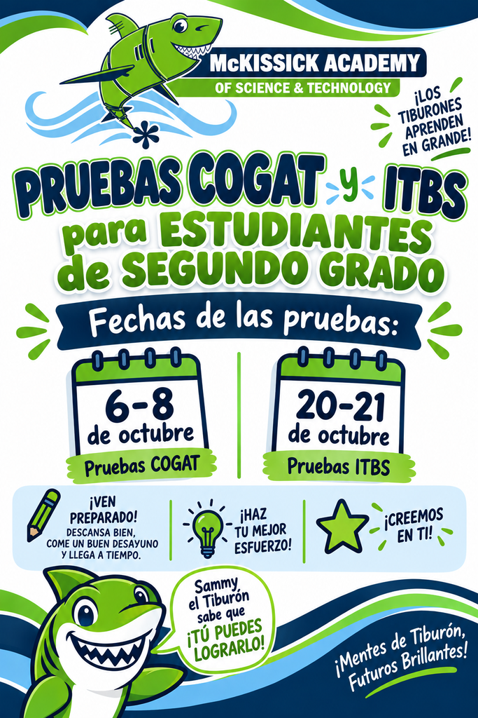 Folleto de McKissick sobre las pruebas de segundo grado: CogAT, 6–8 de octubre, e ITBS, 20–21 de octubre.