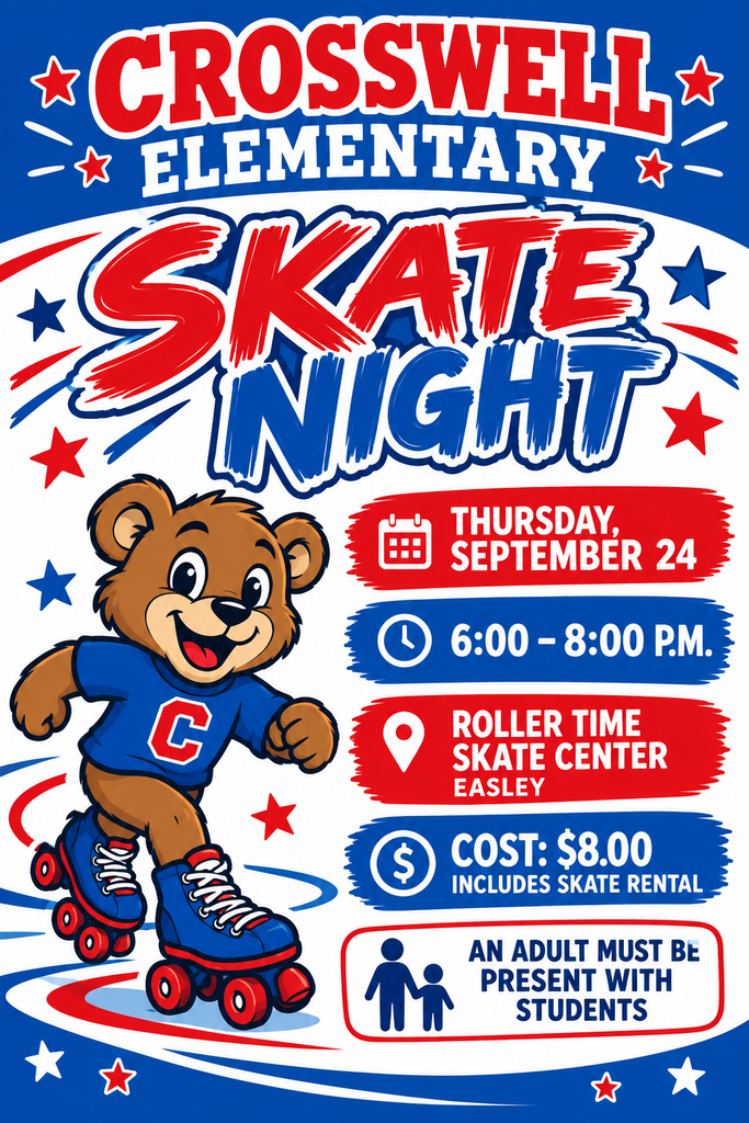Crosswell Elementary School skate night Thursday September 24th from 6-8