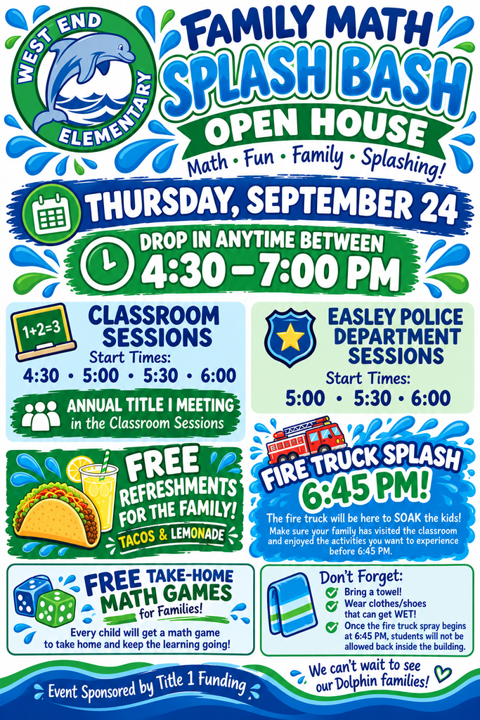 Family Math Splash Bash Reminders: 4:30-7:00pm, free walking tacos, fire truck spraying water 6:45pm