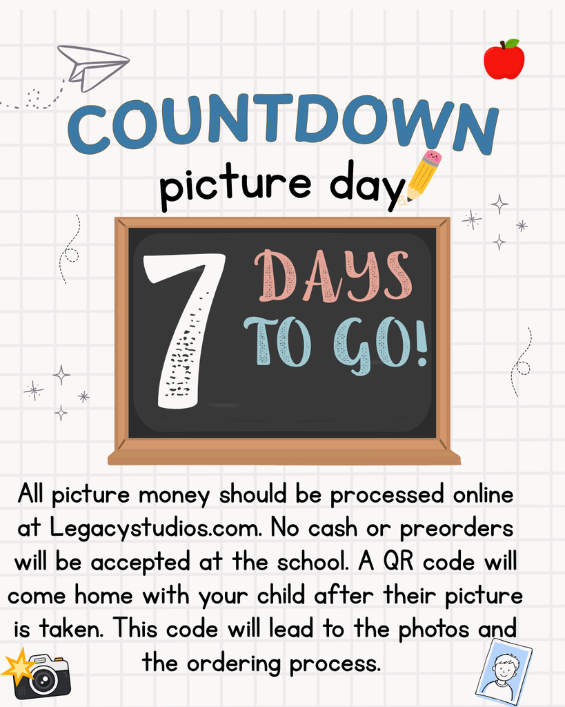 All picture money should be processed online at Legacystudios.com. No cash or preorders will be accepted at the school. A QR code will come home with your child after their picture is taken. This code will lead to the photos and the ordering process. 