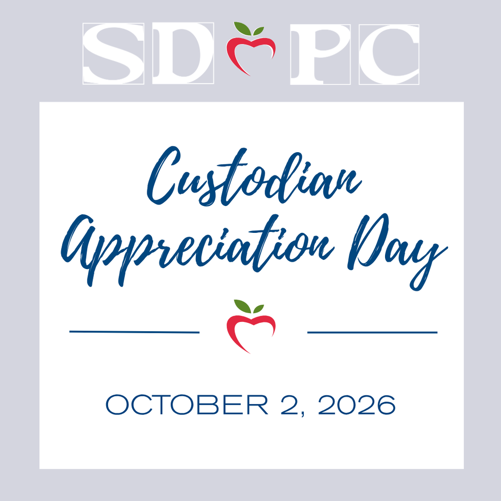Graphic for SDPC Custodian Appreciation Day on October 2, 2026, featuring the SDPC logo and red apple icon.