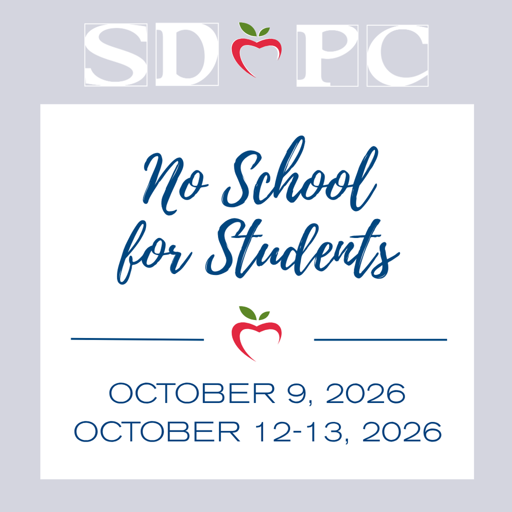 Graphic announcing no school for SDPC students on October 9 and October 12–13, 2026.