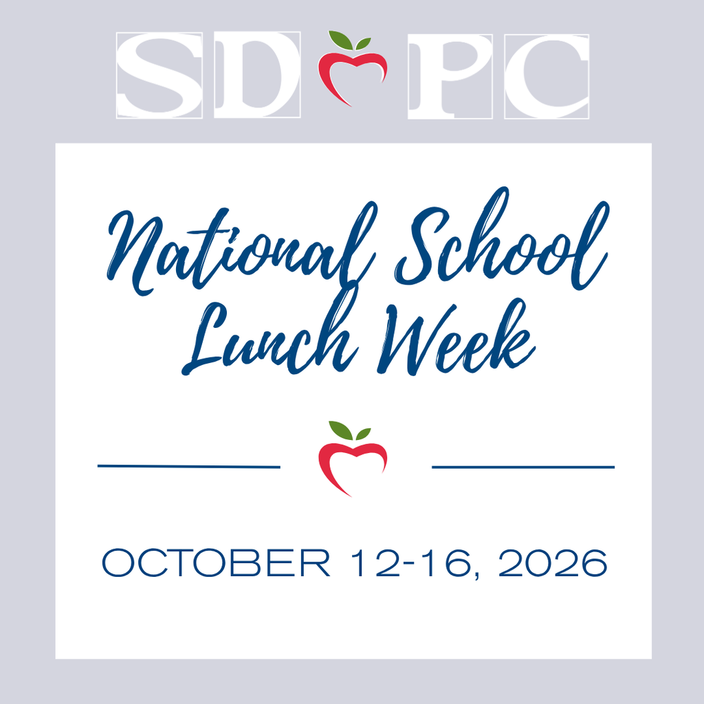 Graphic recognizing National School Lunch Week, October 12–16, 2026, featuring the SDPC logo and apple graphic.