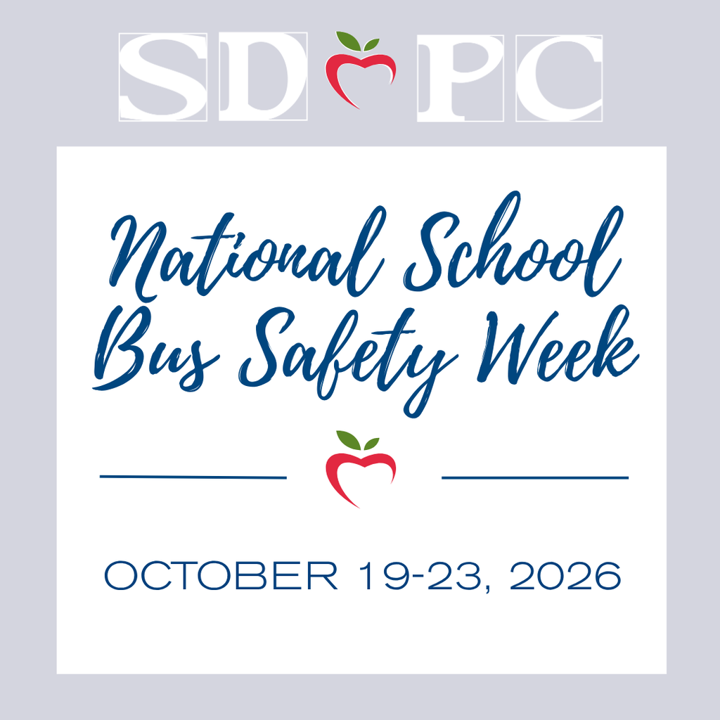 Graphic recognizing National School Bus Safety Week, October 19–23, 2026, featuring the SDPC logo and apple graphic.