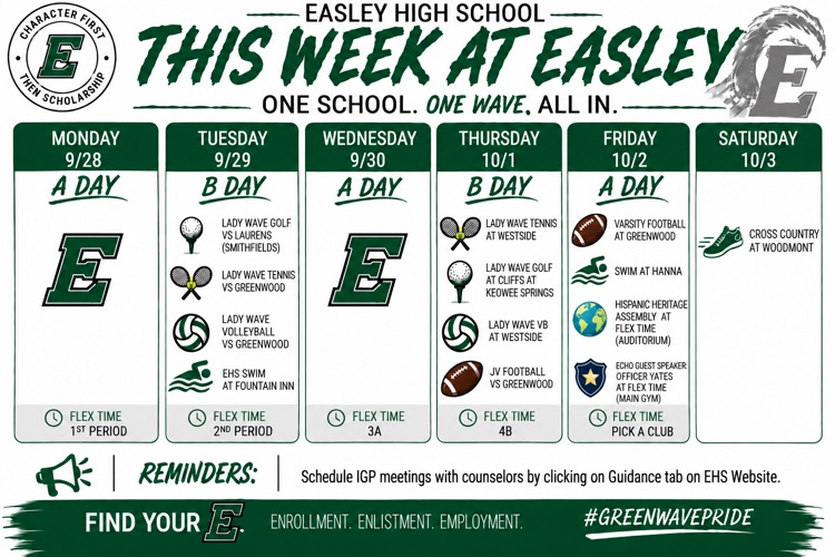 🗓️ This Week at Easley | 9/28- 10/2 🗓️