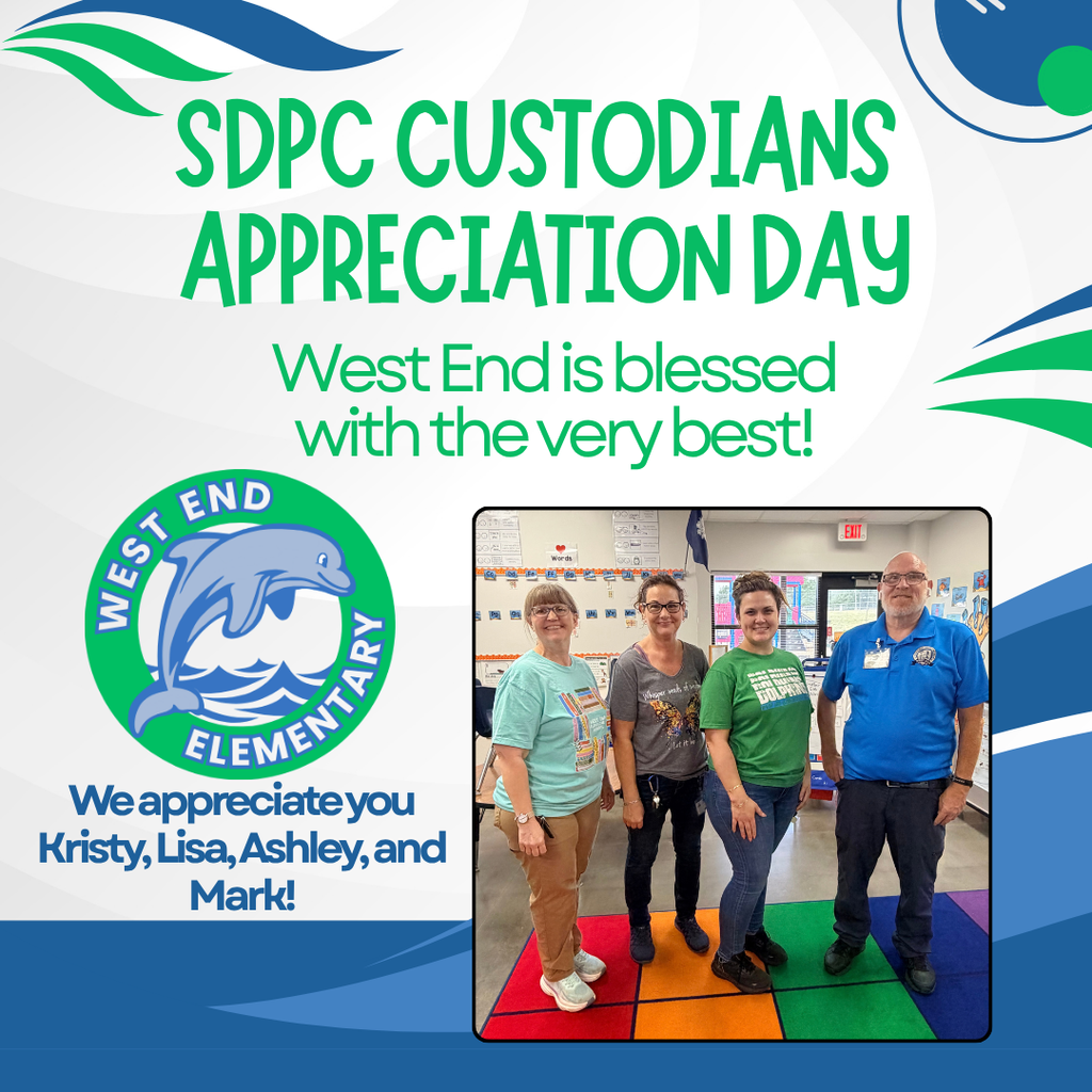 This is a picture of our school custodians Kristy, Lisa, Ashley, and Mark on a graphic with school colors blue and green