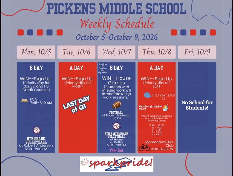 Picture of the schedule for October 5-9, 2026.