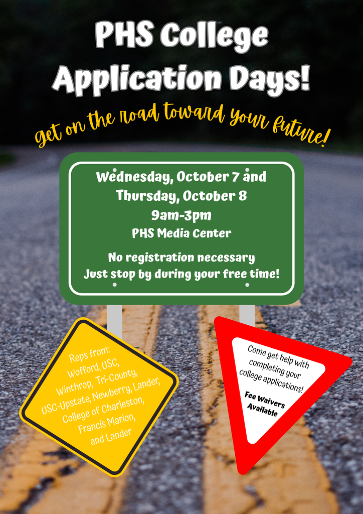 PHS College Application Days: Wednesday 10/7 and Thursday 10/8 from 9-3 in the Media Center.