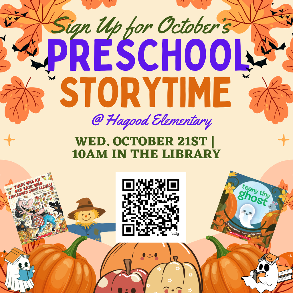 Preschool Pages Oct. 21st at 10 am Hagood Lib. Scan QR code to sign up