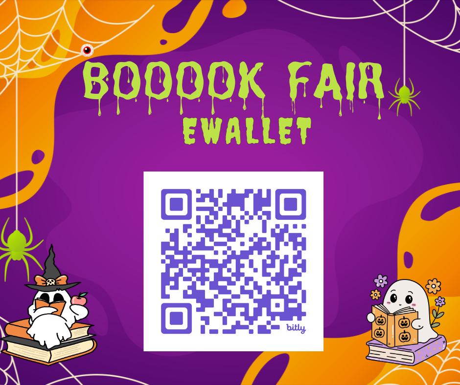 Book Fair eWallet graphic with a QR code to set up a student’s eWallet. Purple and orange background with spiderwebs, green spiders, and cartoon characters sitting on books. Setup link: https://bit.ly/46yVVeV