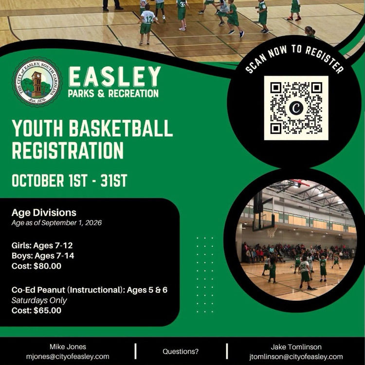 Green and white flyer from Easley Rec with prices for basketball and QR code to sign up