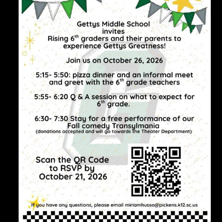 pendant style flyer to rising sixth graders about Gettys night.