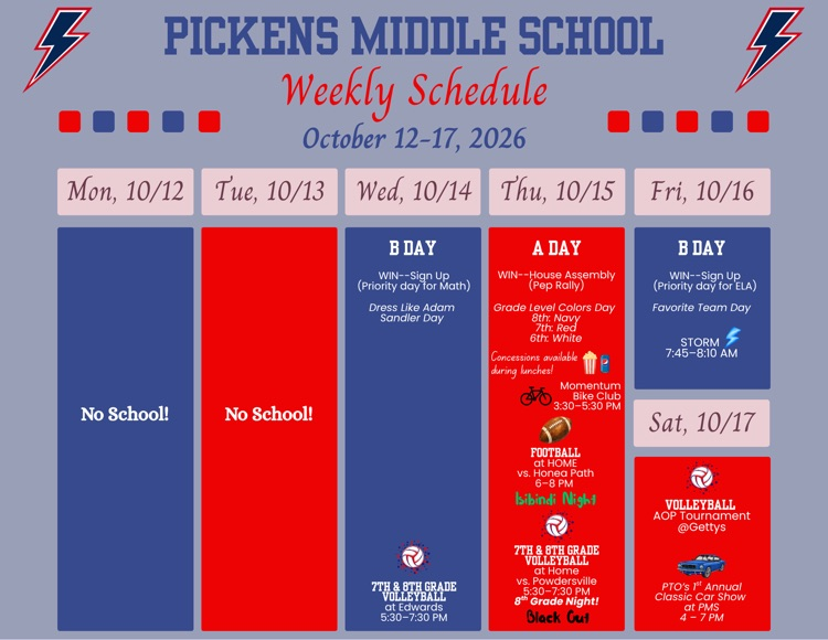 Graphic contains the weekly schedule for October 12-17.