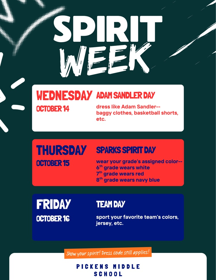 Graphic includes the daily dress up themes for spirit week this week.
