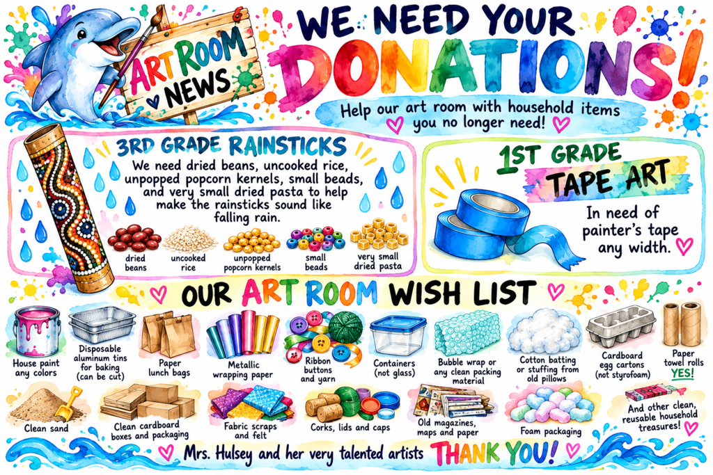 The art room is in need of donations- painters tape, egg cartons, paper lunch bags, and more. 