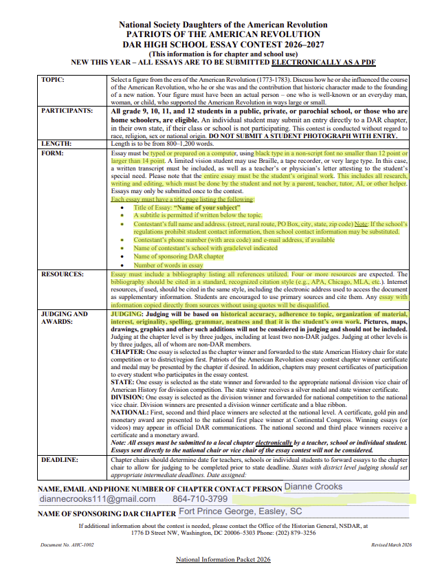 DAR Essay Instructions