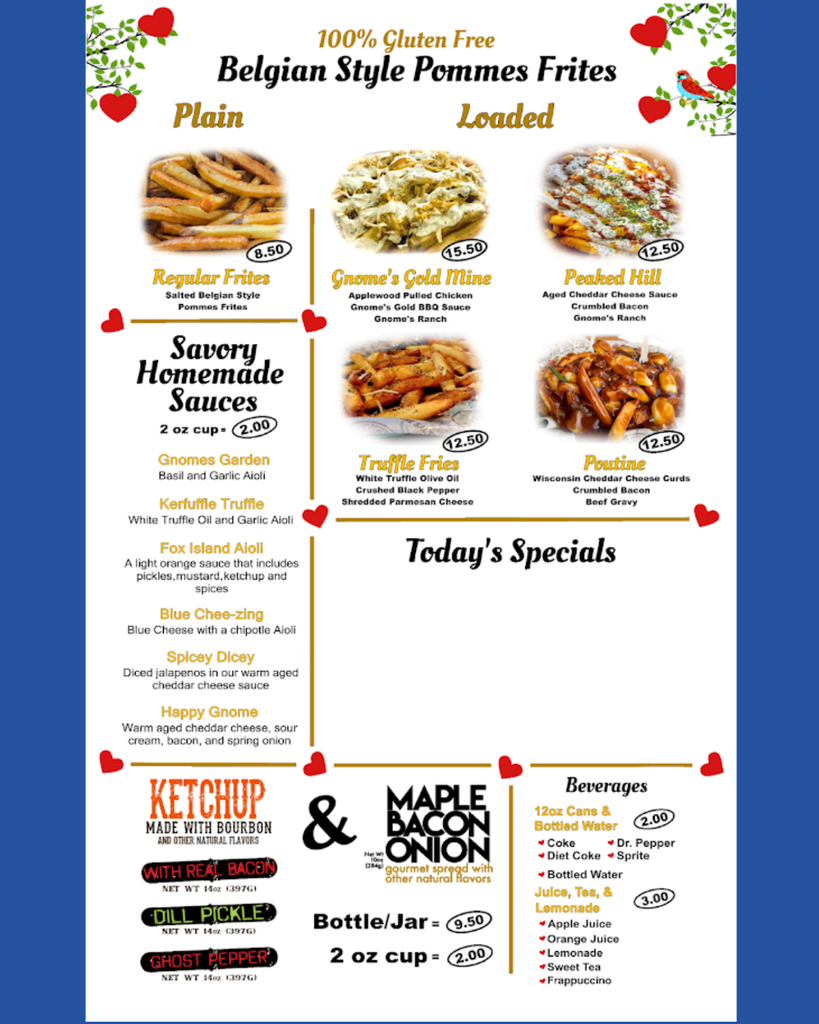 2026 World Language Fair menu featuring 100% gluten-free Belgian-style pommes frites (fries). Menu options include regular fries ($8.50), Gnome's Gold Mine with pulled chicken ($15.50), Peaked Hill with cheddar cheese sauce and bacon ($12.50), truffle fries ($12.50), and poutine with cheese curds, bacon, and gravy ($12.50). Homemade dipping sauces are available for $2. Beverages range from $2 to $3. The World Language Fair is Friday, October 16, during lunch at Daniel High School. Students should bring money to purchase food from participating food trucks.