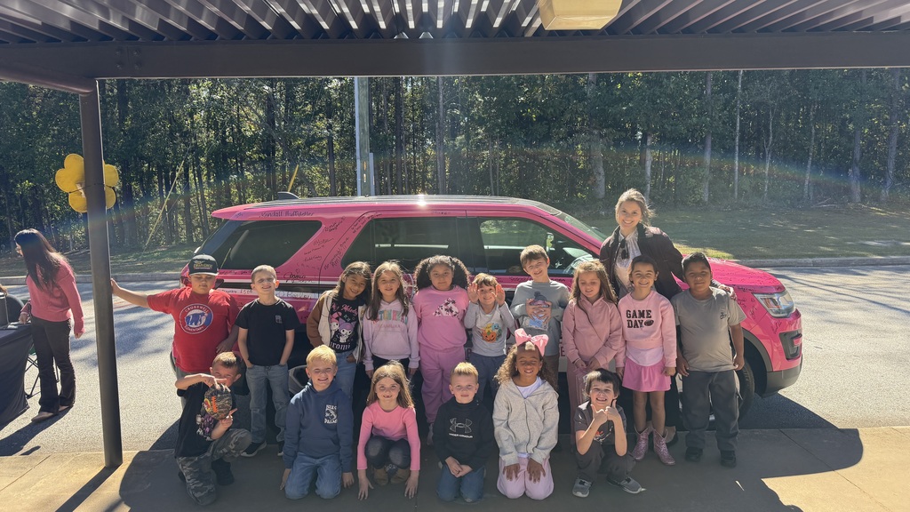 Mrs. Stewart's class poses in front of the pink car
